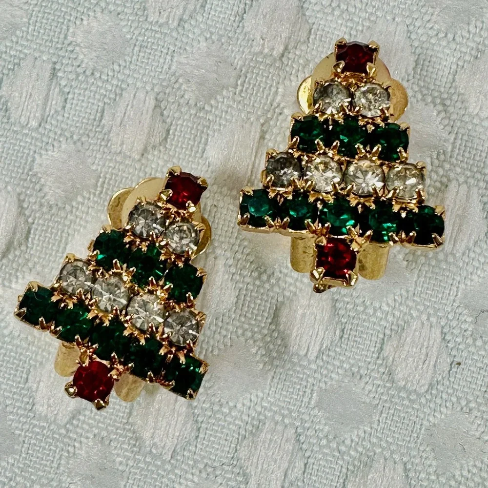 Christmas Holiday Brooch Pin Set Poinsettia Candy Cane Tree‎ Rhinestone Festive